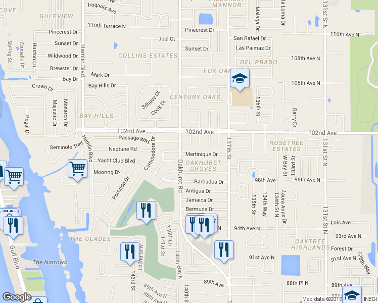 map of restaurants, bars, coffee shops, grocery stores, and more near 13951 Martinique Drive in Seminole