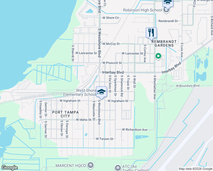 map of restaurants, bars, coffee shops, grocery stores, and more near 7011 South De Soto Street in Tampa