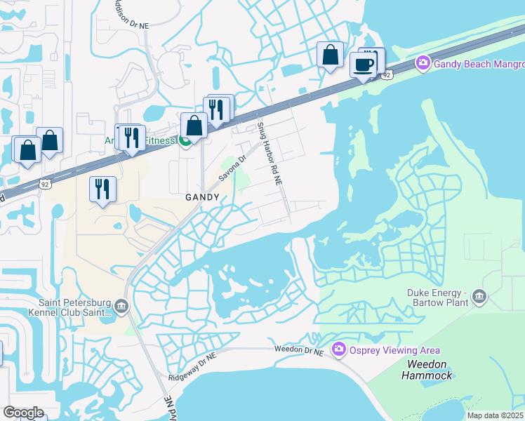 map of restaurants, bars, coffee shops, grocery stores, and more near 1018 Bella Vista Drive Northeast in St. Petersburg