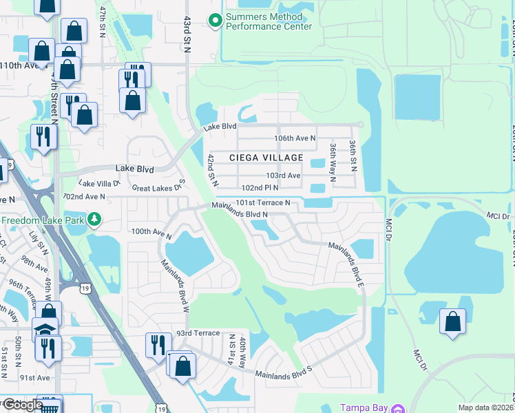 map of restaurants, bars, coffee shops, grocery stores, and more near 3915 Mainlands Boulevard North in Pinellas Park