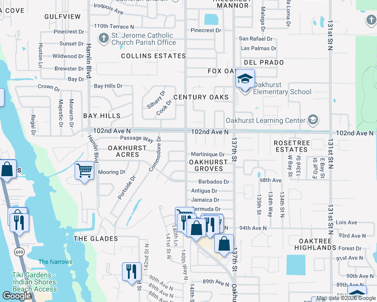 map of restaurants, bars, coffee shops, grocery stores, and more near 13951 Martinique Drive in Seminole