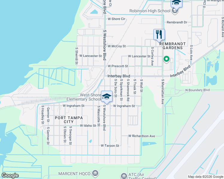 map of restaurants, bars, coffee shops, grocery stores, and more near 7011 South De Soto Street in Tampa