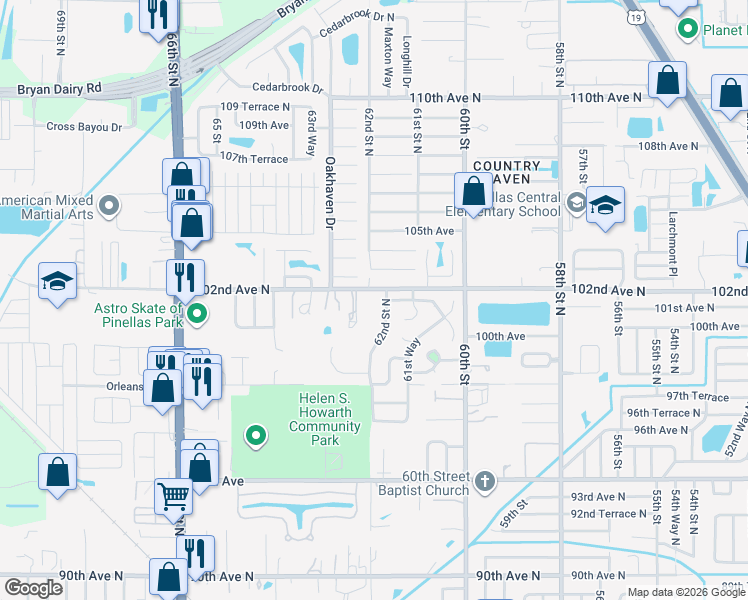 map of restaurants, bars, coffee shops, grocery stores, and more near 6200 102nd Avenue North in Pinellas Park