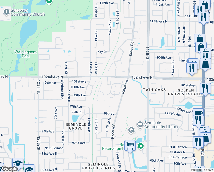 map of restaurants, bars, coffee shops, grocery stores, and more near 11724 Ridgeview Lane in Seminole