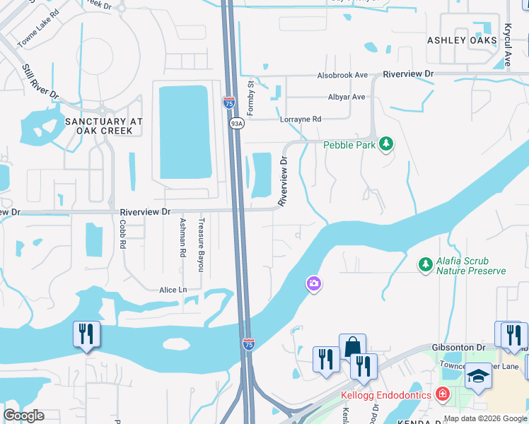 map of restaurants, bars, coffee shops, grocery stores, and more near 9711 Riverview Drive in Riverview