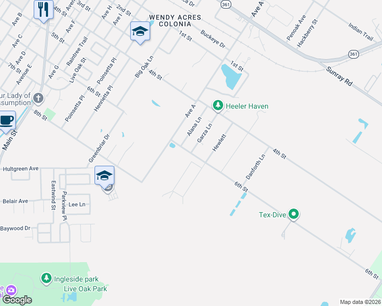 map of restaurants, bars, coffee shops, grocery stores, and more near 2553 Garza Lane in Ingleside