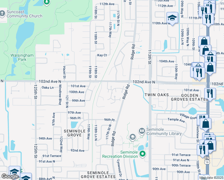 map of restaurants, bars, coffee shops, grocery stores, and more near 11724 Ridgeview Lane in Seminole