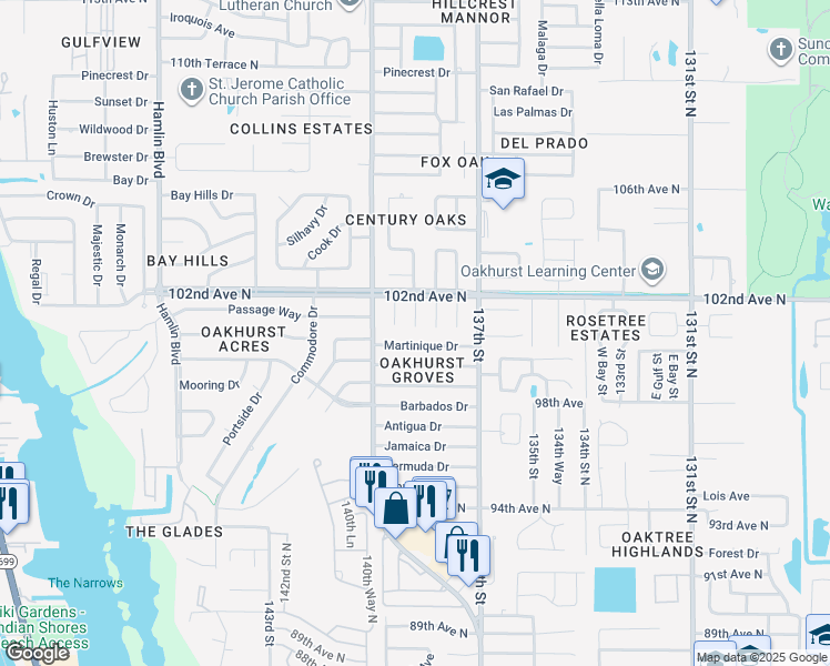 map of restaurants, bars, coffee shops, grocery stores, and more near 13835 Martinique Drive in Seminole