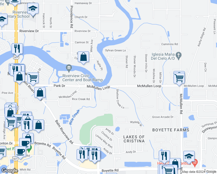 map of restaurants, bars, coffee shops, grocery stores, and more near 11333 McMullen Loop in Riverview