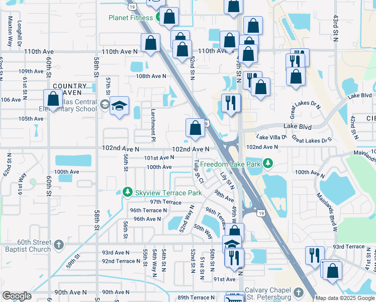 map of restaurants, bars, coffee shops, grocery stores, and more near 5115 Lily Street North in Pinellas Park