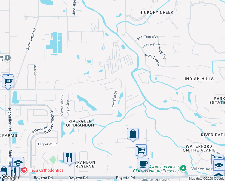 map of restaurants, bars, coffee shops, grocery stores, and more near 12606 River Birch Drive in Riverview