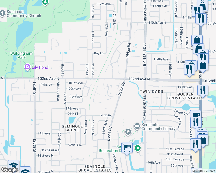 map of restaurants, bars, coffee shops, grocery stores, and more near 11724 Ridgeview Lane in Seminole