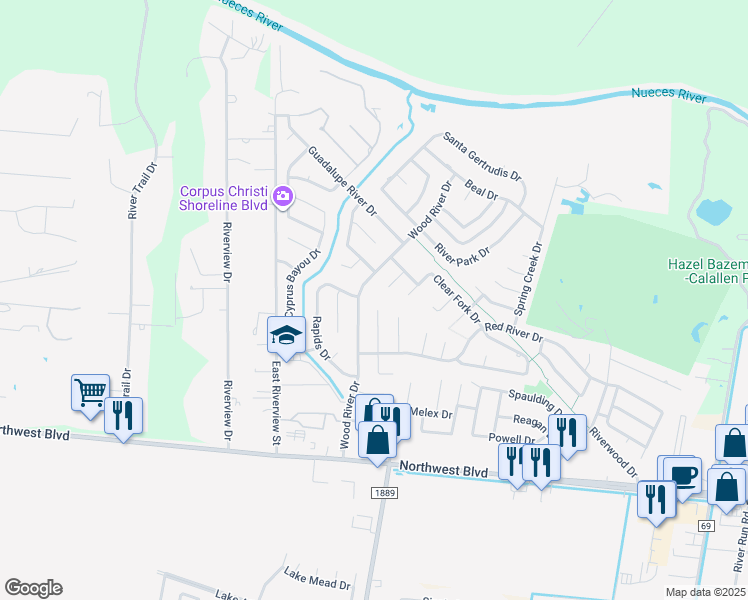 map of restaurants, bars, coffee shops, grocery stores, and more near 4226 Wood River Drive in Corpus Christi