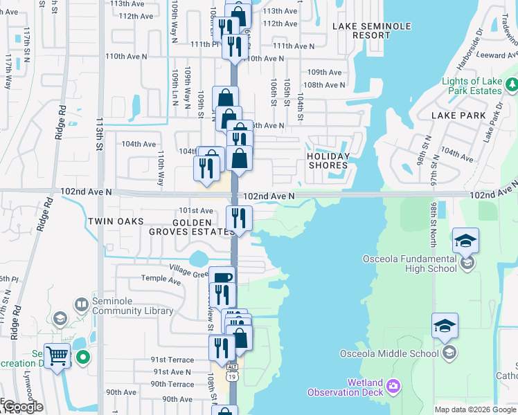 map of restaurants, bars, coffee shops, grocery stores, and more near 10600 101st Avenue in Seminole