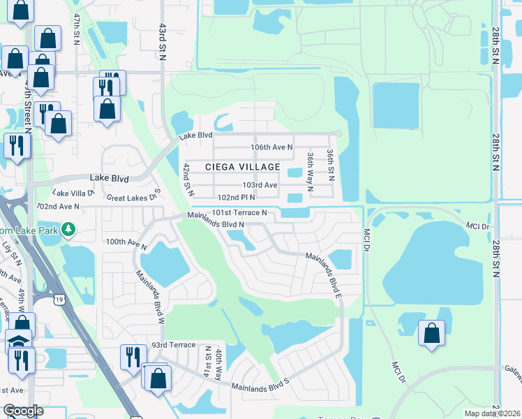 map of restaurants, bars, coffee shops, grocery stores, and more near 3833 Mainlands Boulevard North in Pinellas Park