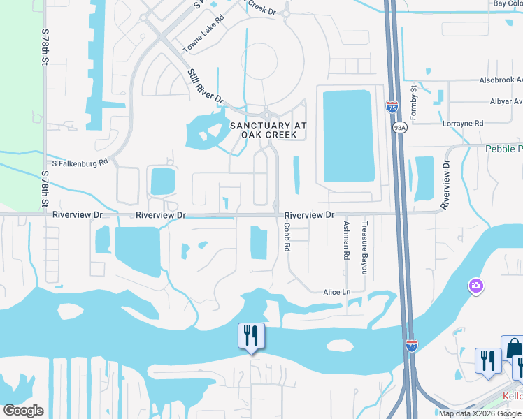 map of restaurants, bars, coffee shops, grocery stores, and more near 9007 Riverview Drive in Riverview