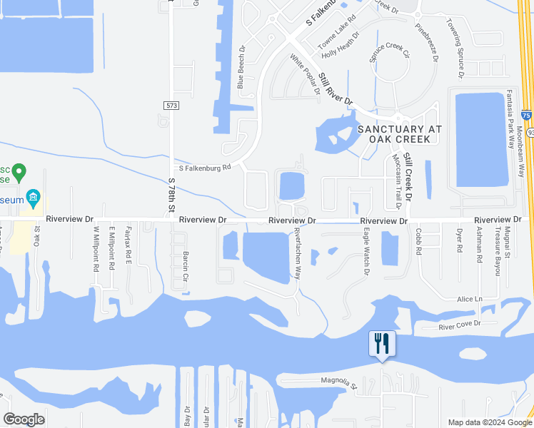 map of restaurants, bars, coffee shops, grocery stores, and more near 8515 Deer Chase Drive in Riverview