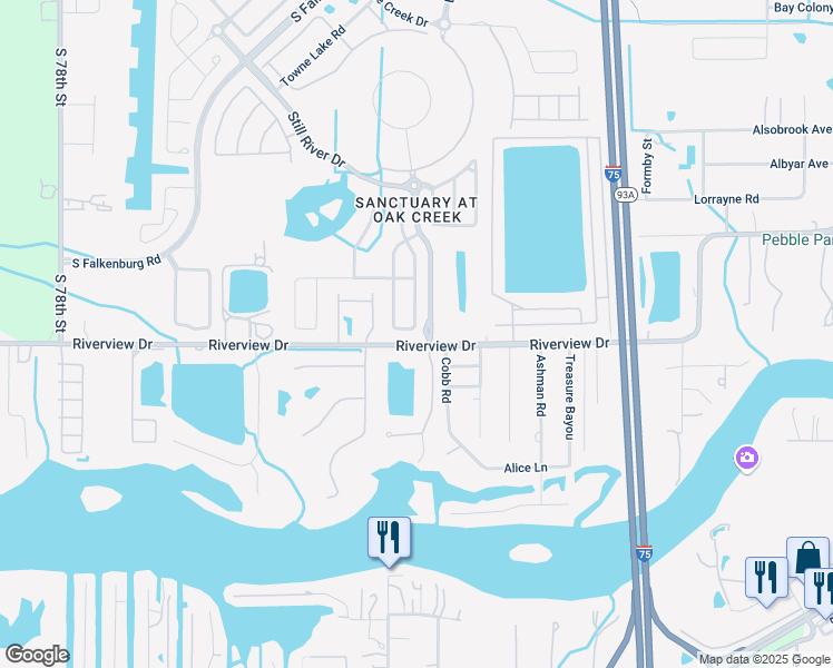 map of restaurants, bars, coffee shops, grocery stores, and more near 8037 Moccasin Trail Drive in Riverview