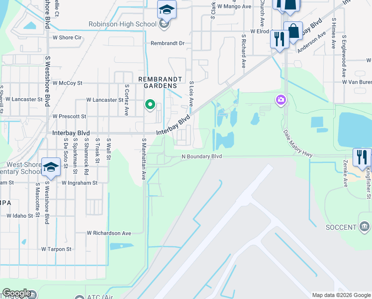 map of restaurants, bars, coffee shops, grocery stores, and more near 3345-3495 North Boundary Boulevard in Tampa