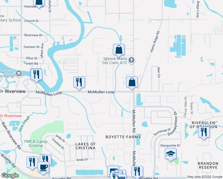 map of restaurants, bars, coffee shops, grocery stores, and more near 8629 Miller Drive in Riverview