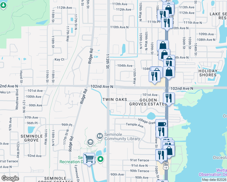 map of restaurants, bars, coffee shops, grocery stores, and more near 11200 102nd Avenue North in Seminole