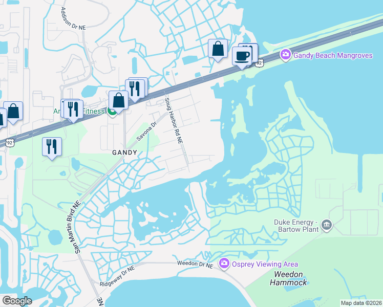 map of restaurants, bars, coffee shops, grocery stores, and more near 10400 Snug Harbor Road Northeast in St. Petersburg