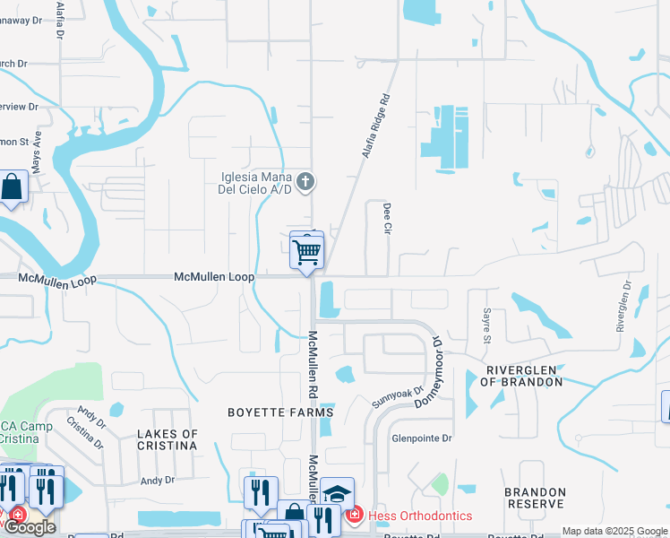 map of restaurants, bars, coffee shops, grocery stores, and more near 11802 McMullen Loop in Riverview