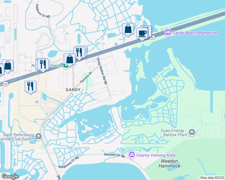 map of restaurants, bars, coffee shops, grocery stores, and more near 10400 Snug Harbor Road Northeast in St. Petersburg