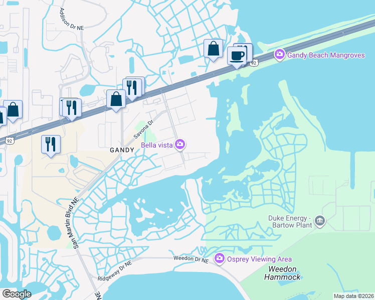 map of restaurants, bars, coffee shops, grocery stores, and more near 10400 Snug Harbor Road Northeast in St. Petersburg