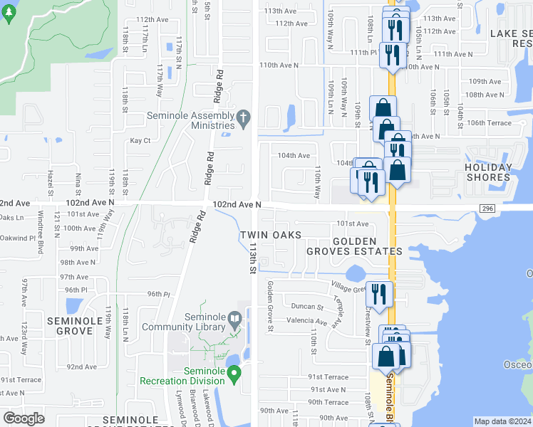map of restaurants, bars, coffee shops, grocery stores, and more near 11211 County Road 296 in Seminole