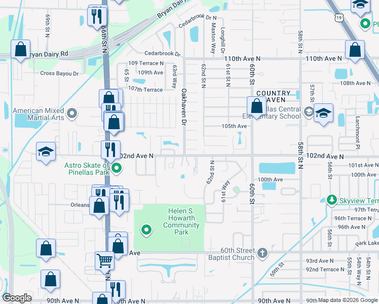 map of restaurants, bars, coffee shops, grocery stores, and more near 6276 102nd Terrace North in Pinellas Park