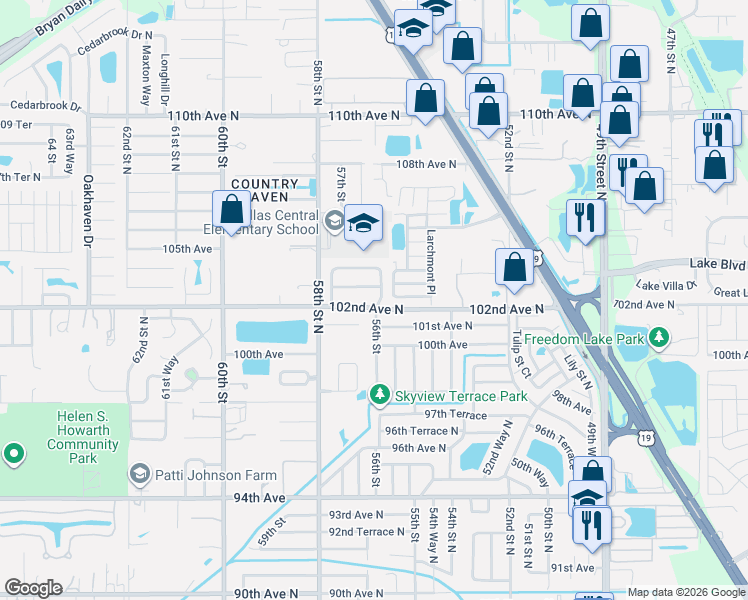 map of restaurants, bars, coffee shops, grocery stores, and more near 10202 56th Street in Pinellas Park
