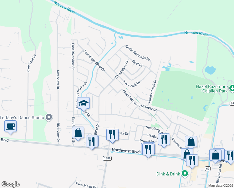 map of restaurants, bars, coffee shops, grocery stores, and more near 4430 Clear Fork Drive in Corpus Christi