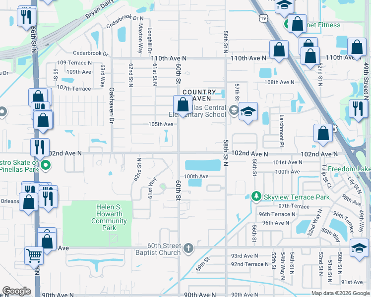 map of restaurants, bars, coffee shops, grocery stores, and more near 5967 102nd Avenue North in Pinellas Park
