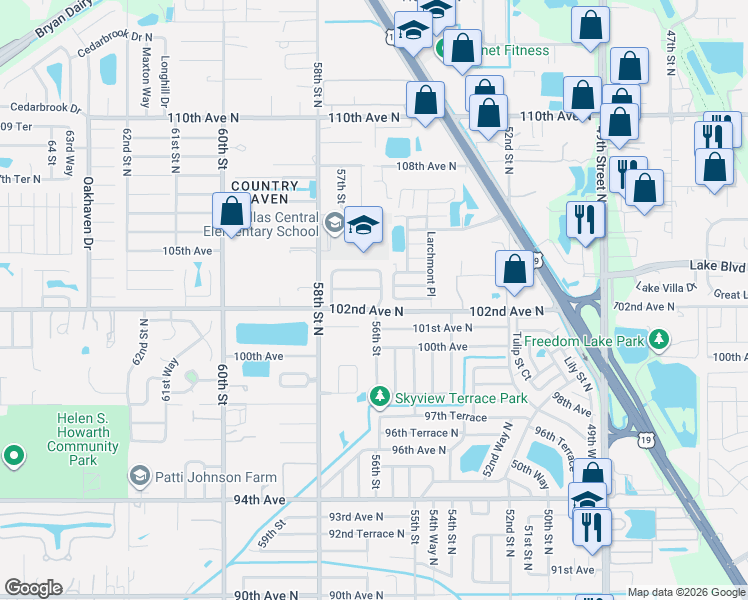 map of restaurants, bars, coffee shops, grocery stores, and more near 5603 103rd Avenue North in Pinellas Park