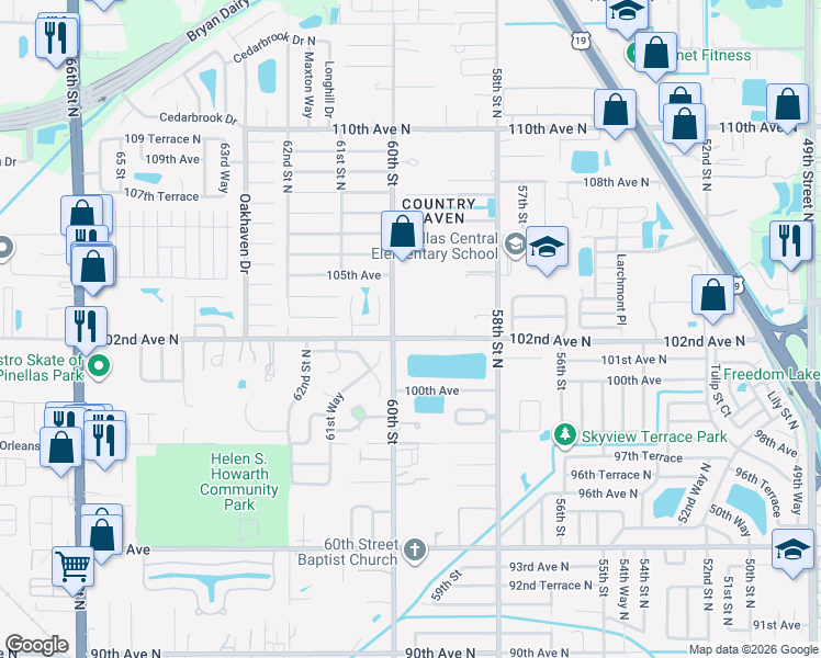 map of restaurants, bars, coffee shops, grocery stores, and more near 5967 102nd Avenue North in Pinellas Park