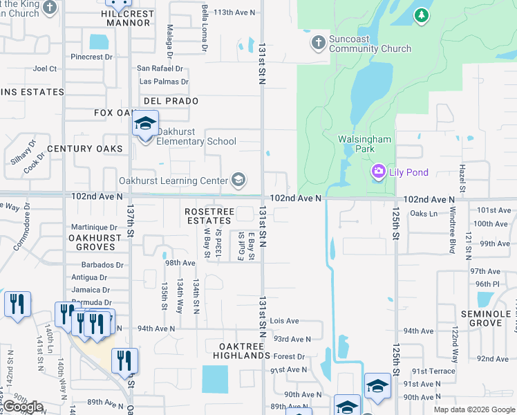 map of restaurants, bars, coffee shops, grocery stores, and more near 10099 Linden Place Drive in Seminole