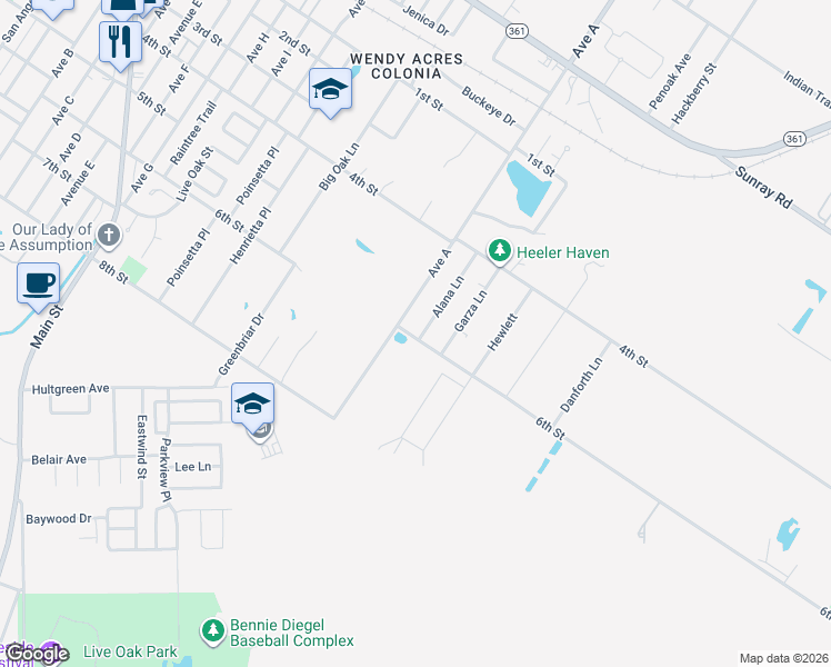 map of restaurants, bars, coffee shops, grocery stores, and more near 2556 Avenue A in Ingleside