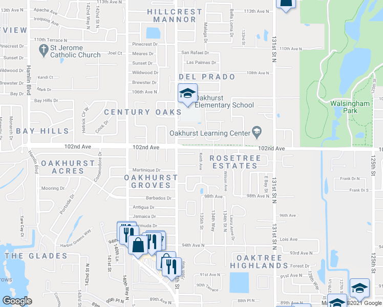 map of restaurants, bars, coffee shops, grocery stores, and more near 13604 101st Terrace in Seminole