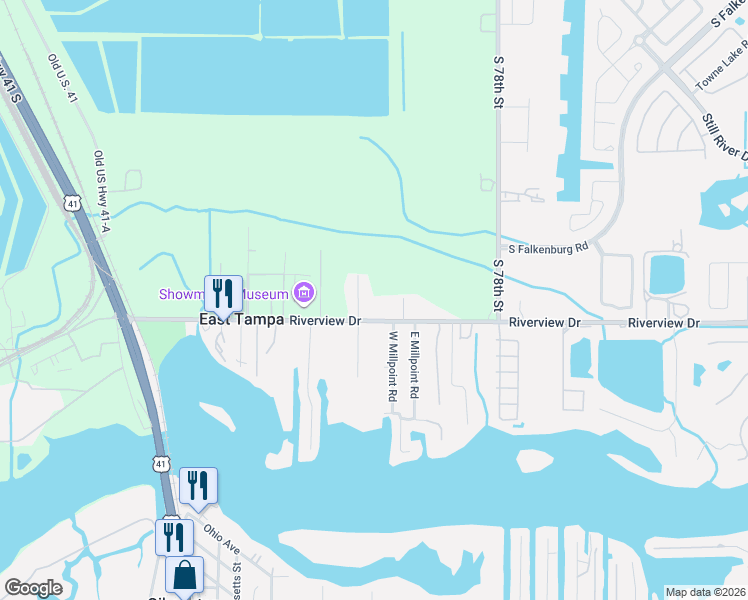 map of restaurants, bars, coffee shops, grocery stores, and more near 7314 Riverview Drive in Riverview