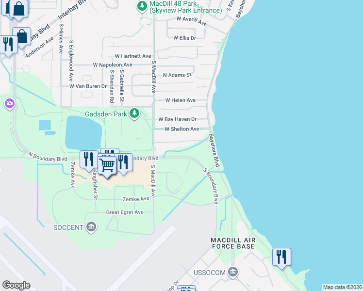 map of restaurants, bars, coffee shops, grocery stores, and more near 2839 Bayshore Trails Drive in Tampa