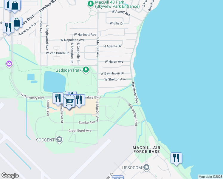 map of restaurants, bars, coffee shops, grocery stores, and more near 2871 Bayshore Trails Drive in Tampa