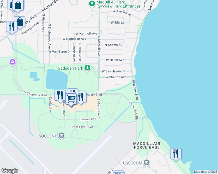 map of restaurants, bars, coffee shops, grocery stores, and more near 2871 Bayshore Trails Drive in Tampa
