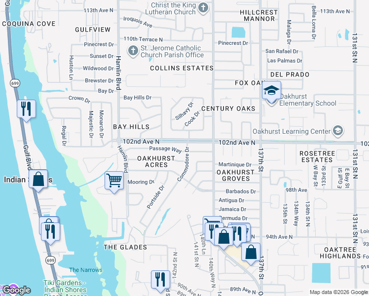 map of restaurants, bars, coffee shops, grocery stores, and more near 10100 Commodore Dr in Seminole
