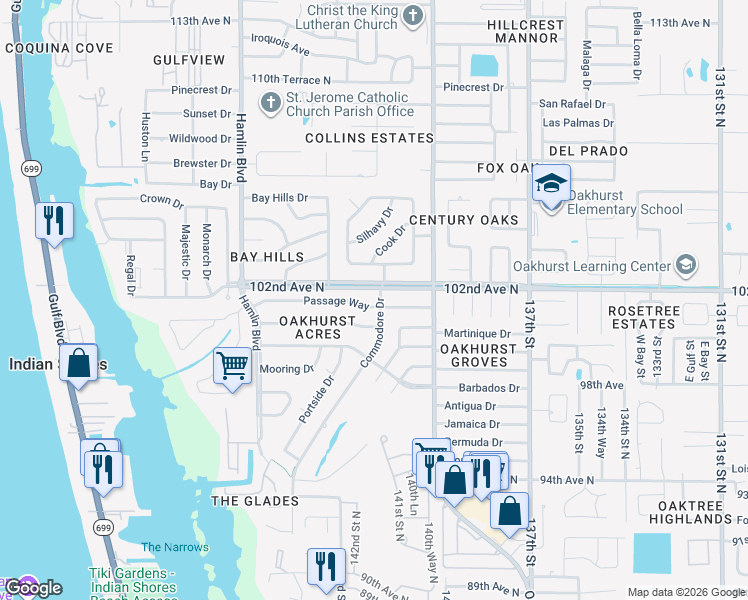 map of restaurants, bars, coffee shops, grocery stores, and more near 10100 Commodore Drive in Seminole