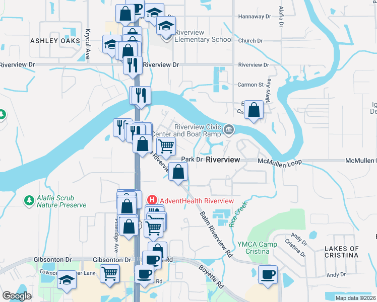 map of restaurants, bars, coffee shops, grocery stores, and more near 10818 Palmetto Street in Riverview