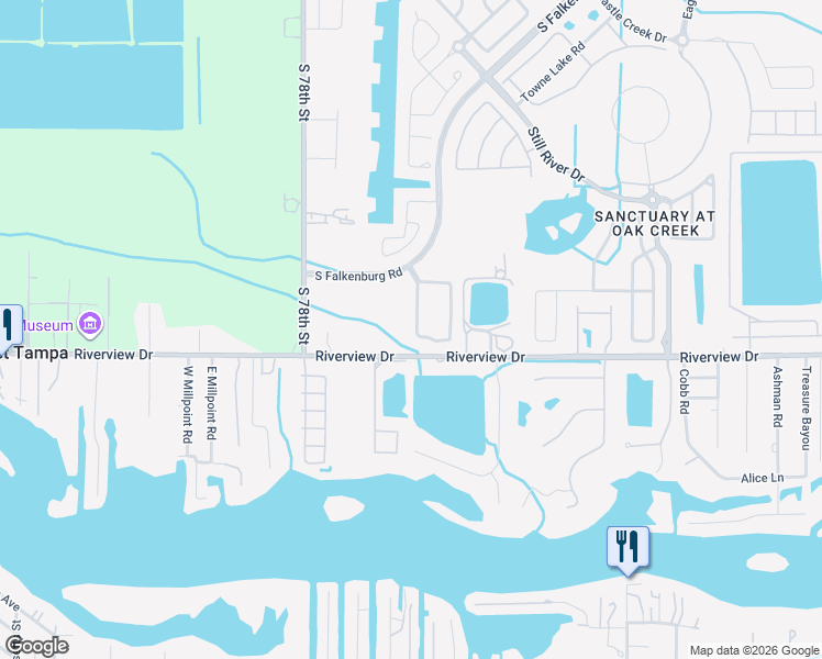 map of restaurants, bars, coffee shops, grocery stores, and more near 8433 Deer Chase Drive in Riverview