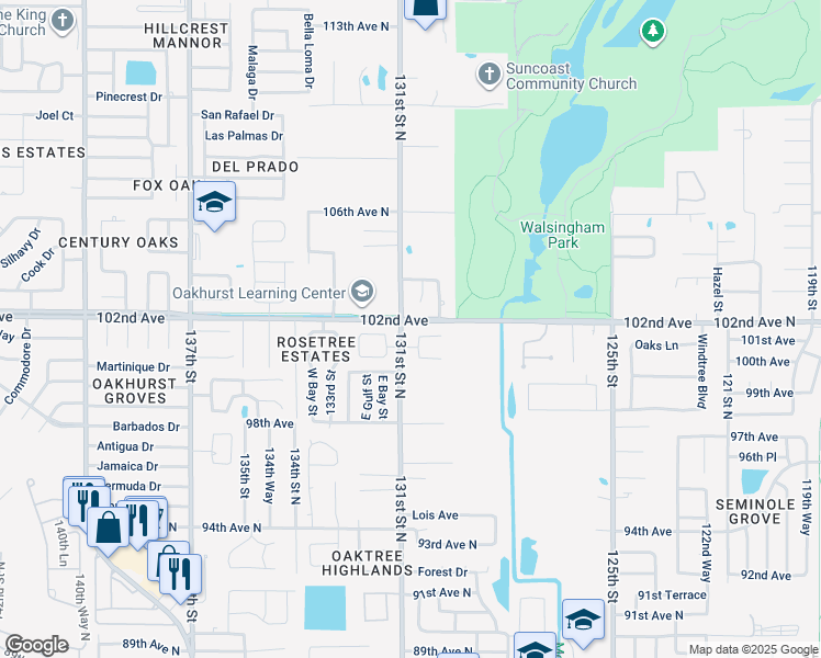 map of restaurants, bars, coffee shops, grocery stores, and more near 10178 130th Lane in Seminole
