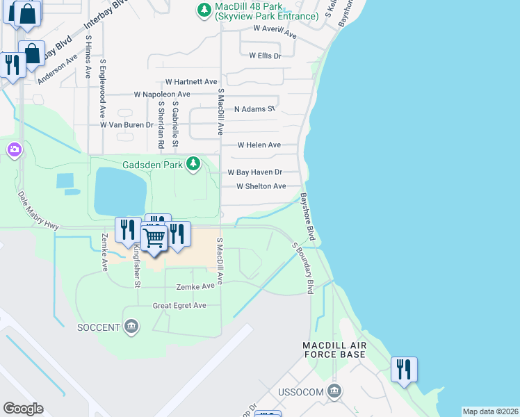 map of restaurants, bars, coffee shops, grocery stores, and more near 2839 Bayshore Trails Drive in Tampa