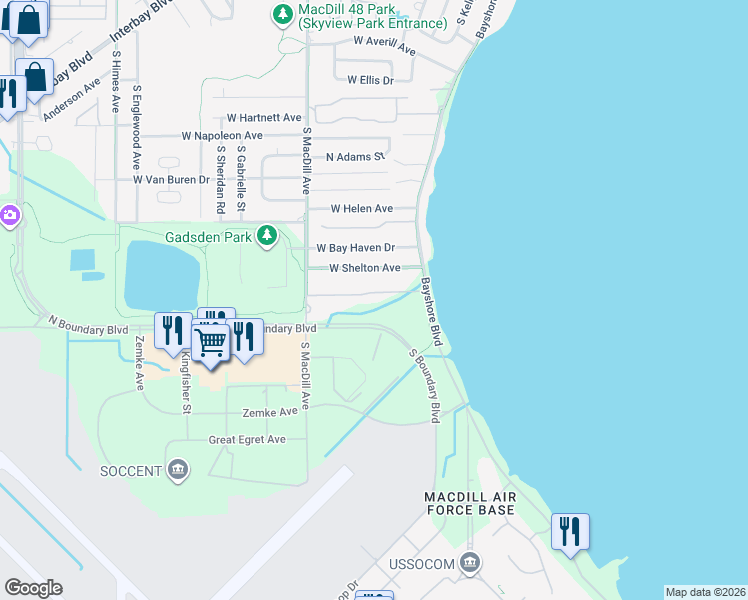 map of restaurants, bars, coffee shops, grocery stores, and more near 2848 Bayshore Trails Drive in Tampa